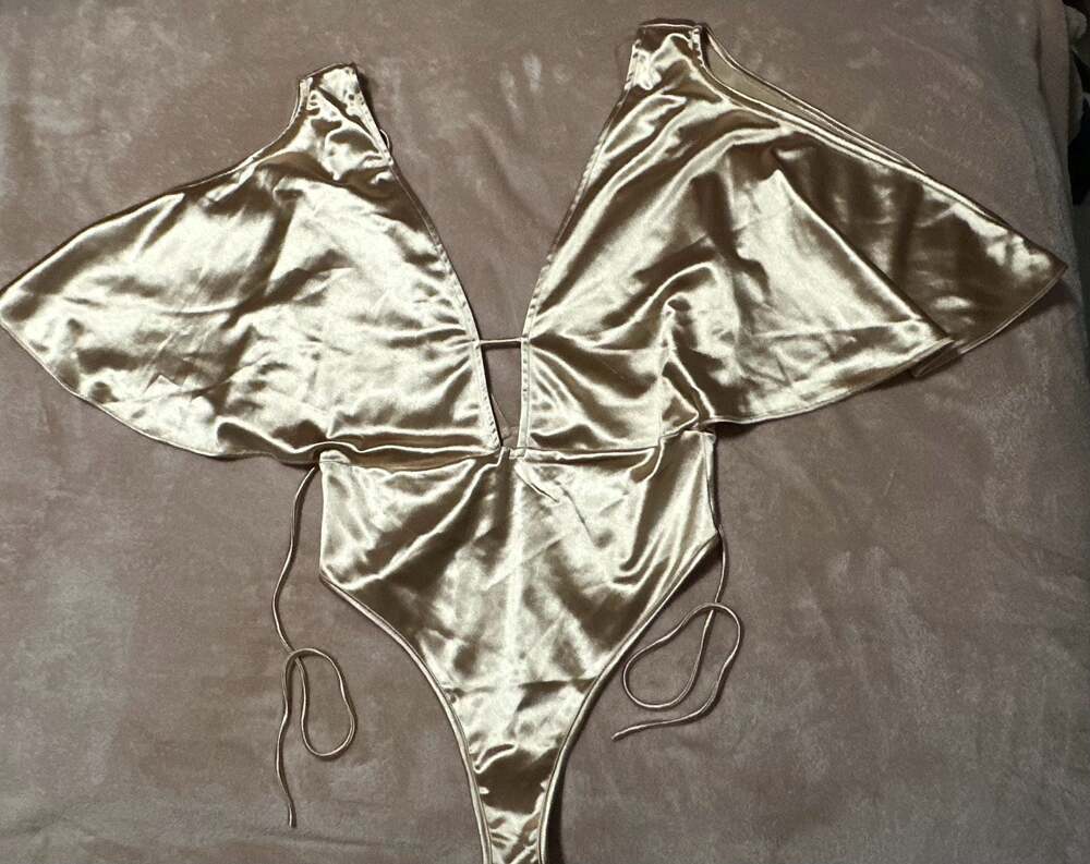 Gold Satin Flutter Sleeve Bodysuit Size M